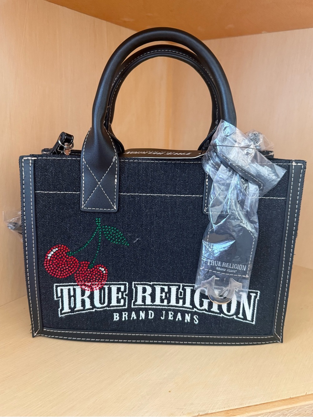 NWT True Religion Black Denim Tote Bag Rhinestone Cherry Embroidered Logo Purse